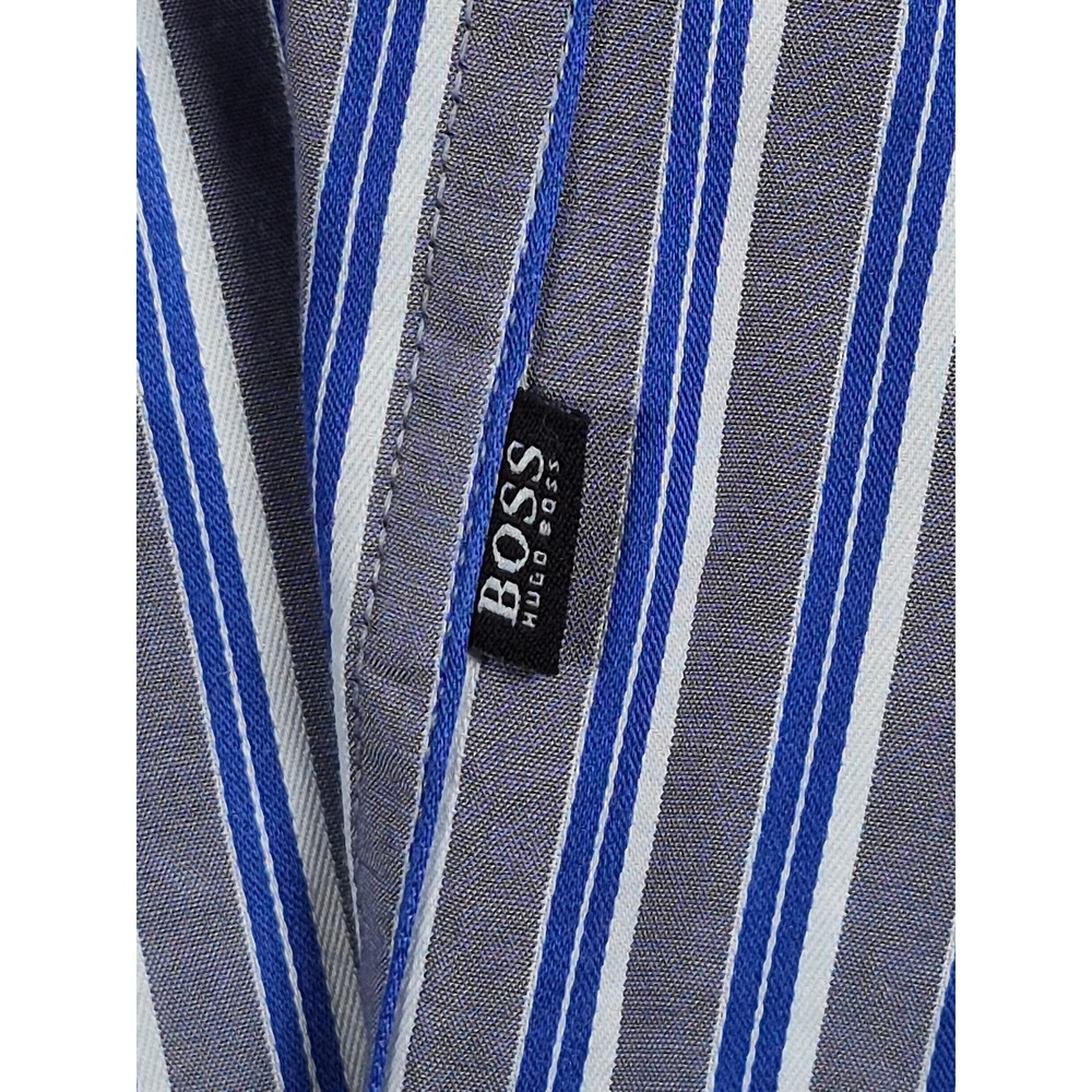 Hugo Boss Mens Regular Fit Striped Button Down Shirt Blue Wht Grey XL Long Slve - Picture 10 of 11